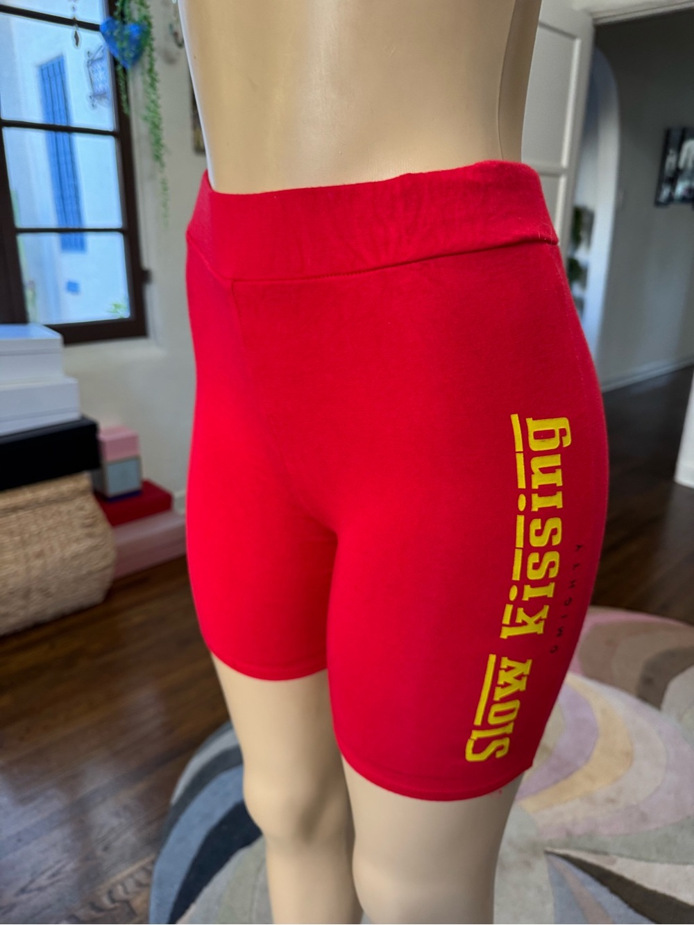 Sexy Red High-Rise Bike Shorts with Yellow Side Print “ Slow Kissing Omighty”